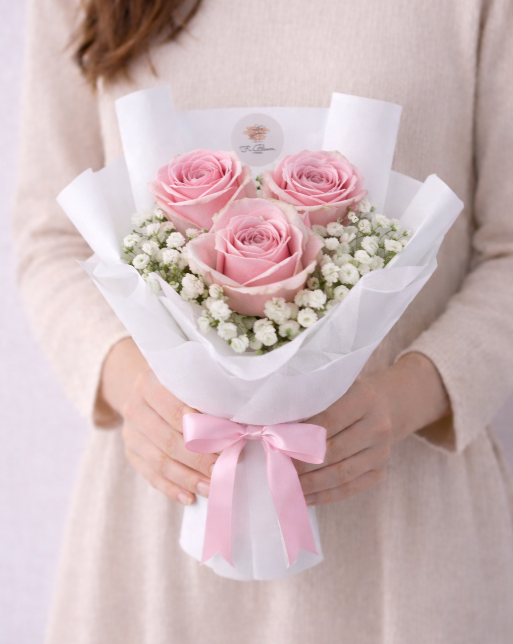 Fresh Pink Roses with Baby Breath Bouquet