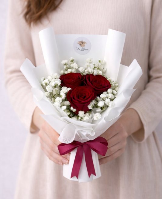 Fresh Red Roses with Baby Breath Bouquet*