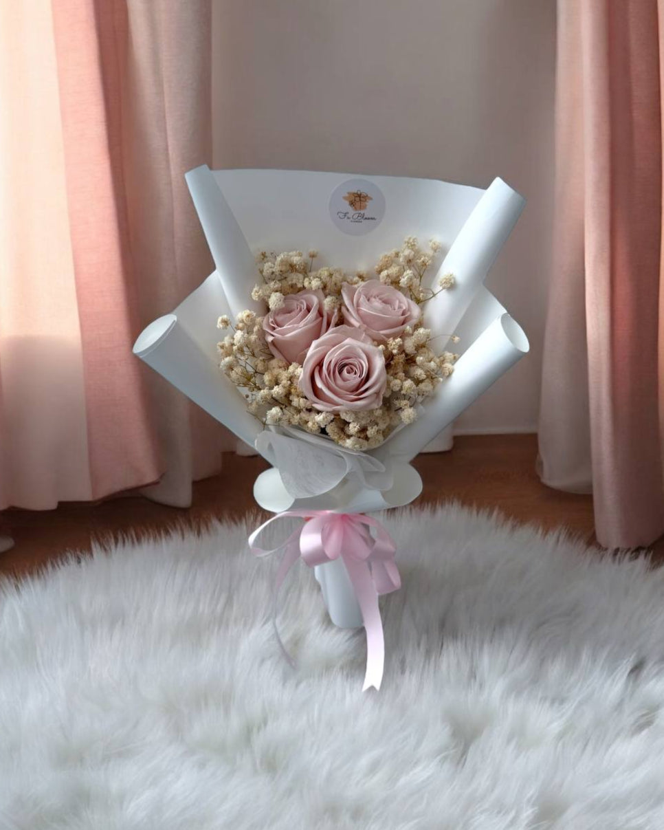 3 Preserved Dusty Pink Roses & Baby's Breath Bouquet