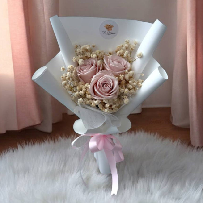 3 Preserved Dusty Pink Roses & Baby's Breath Bouquet
