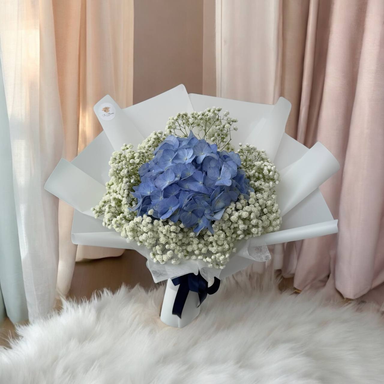 Dark Blue Hydrangea & Baby’s Breath Bouquet