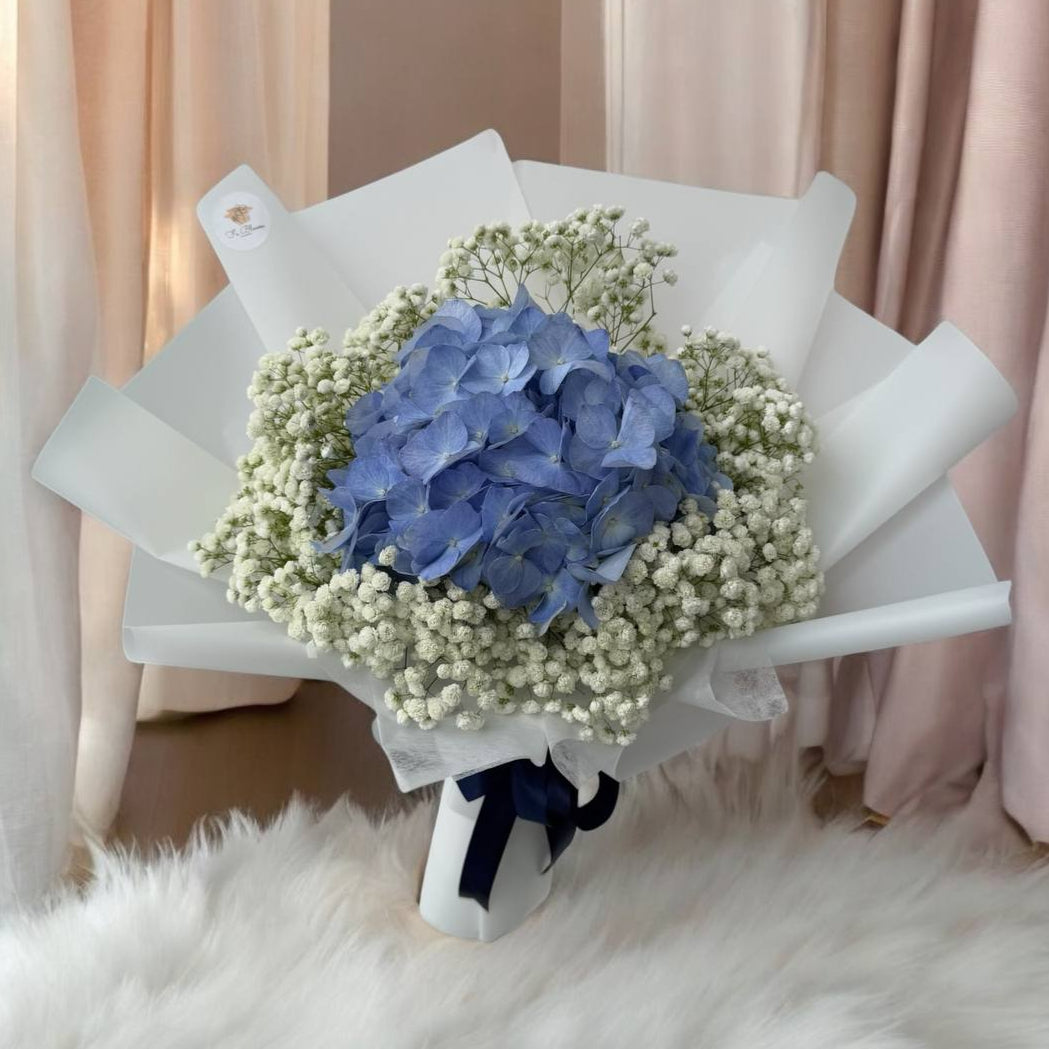 Dark Blue Hydrangea & Baby’s Breath Bouquet