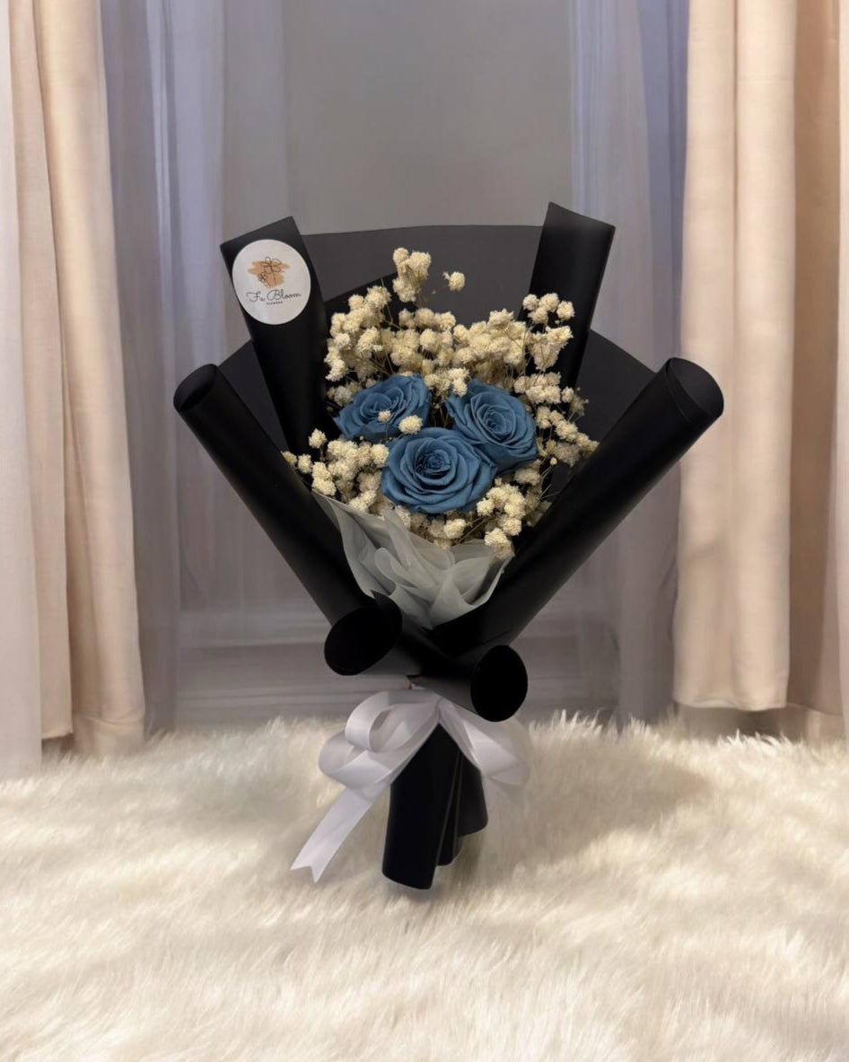 3 Preserved Blue Roses & Baby's Breath Bouquet