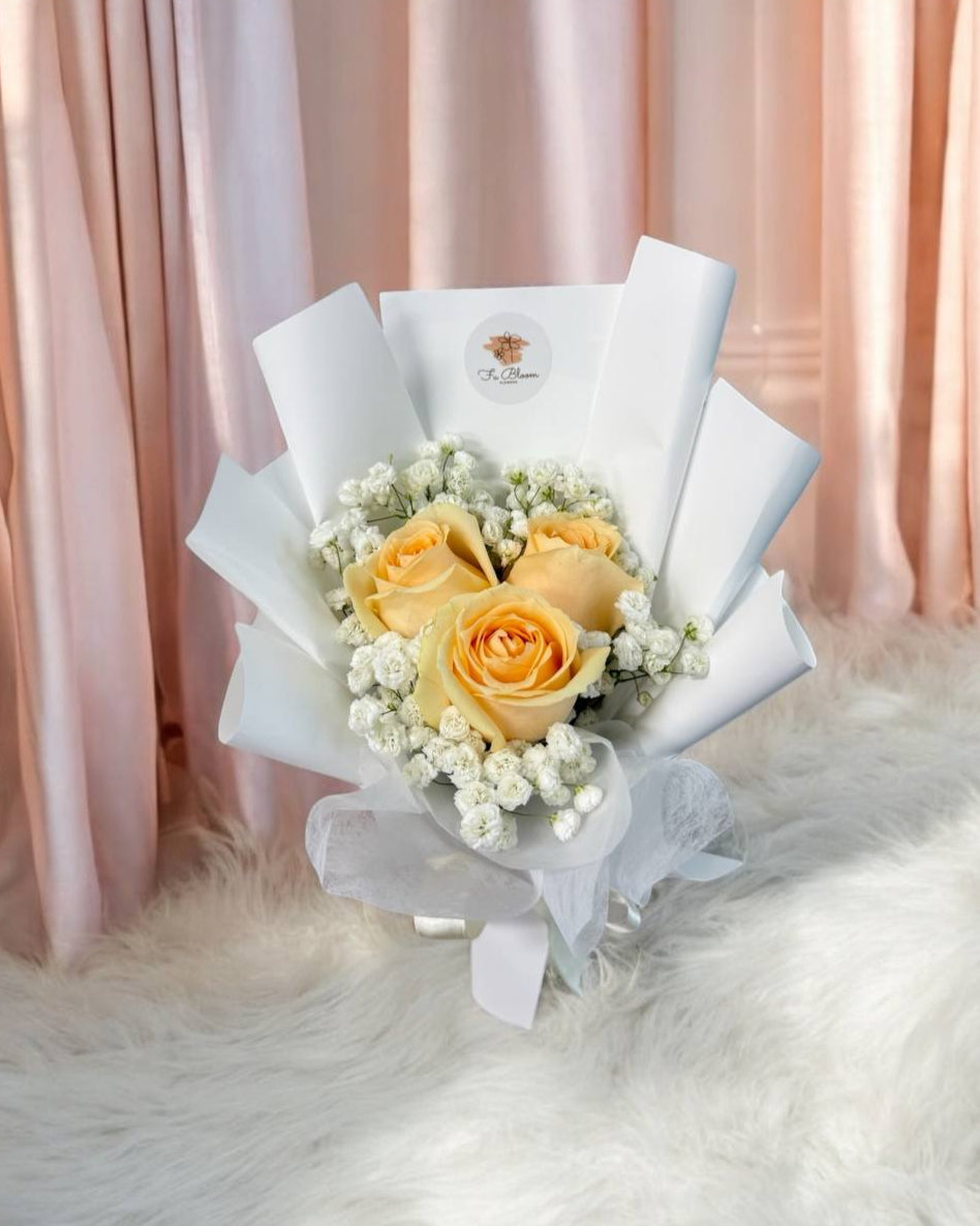 Fresh Champagne Roses with Baby Breath Bouquet