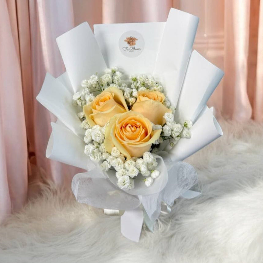 Fresh Champagne Roses with Baby Breath Bouquet