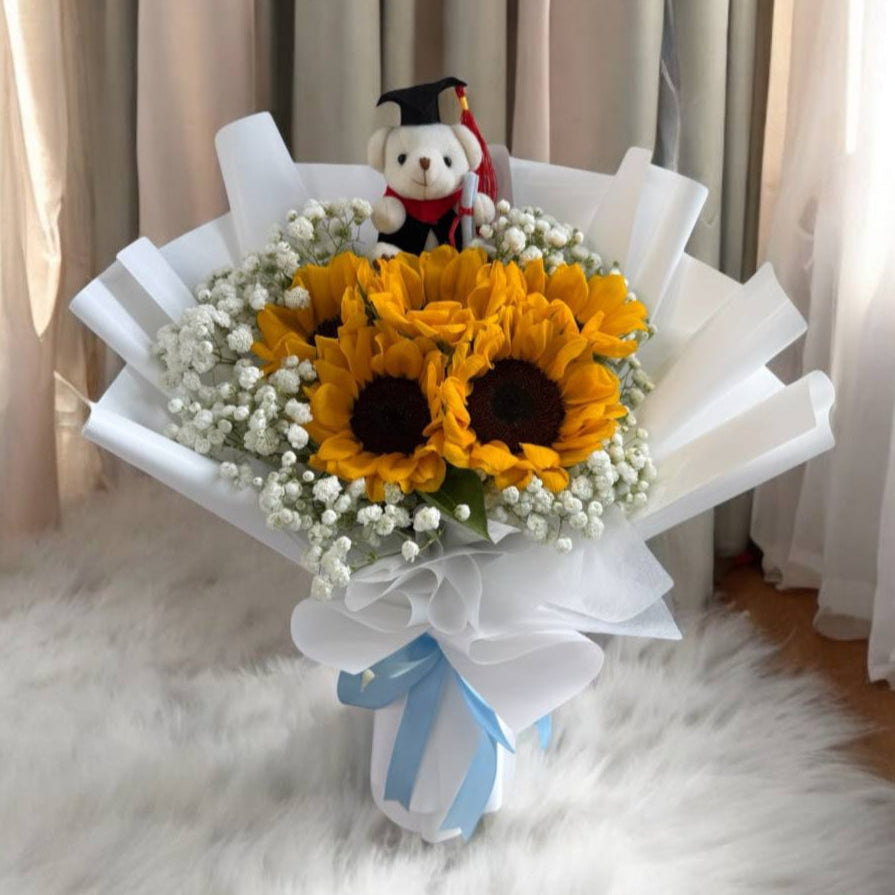 Sunflower graduation bouquet with teddy bear Singapore