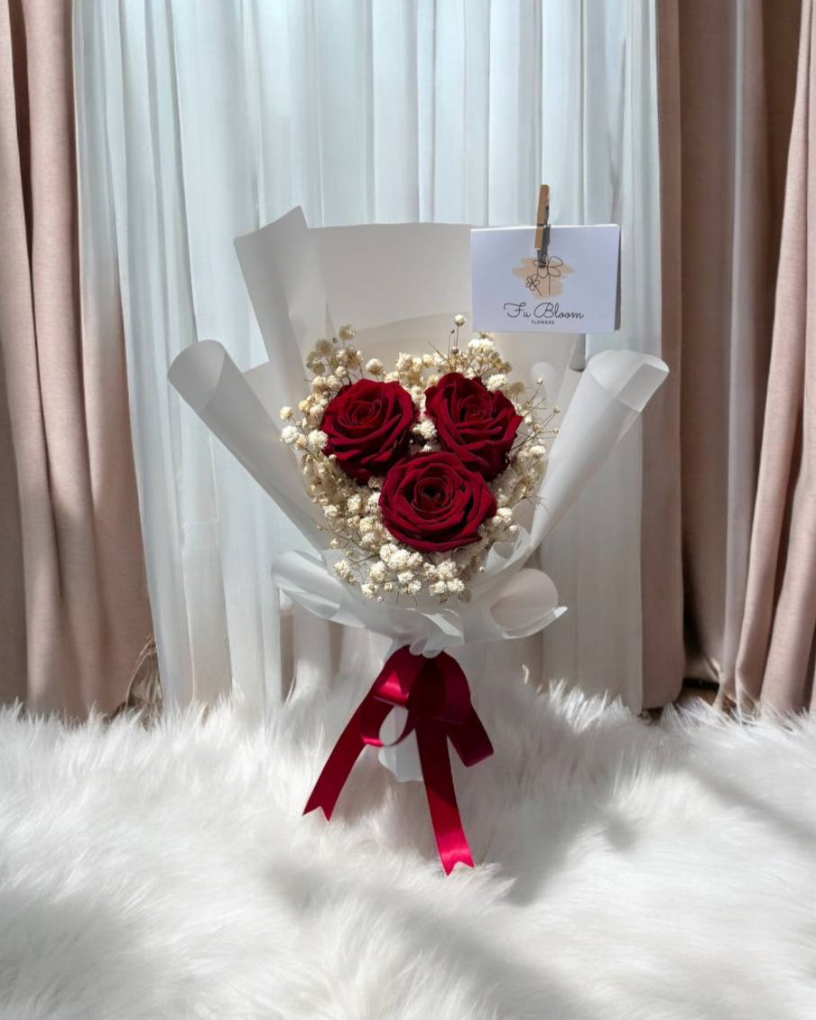 3 Preserved Red Roses & Baby's Breath Bouquet