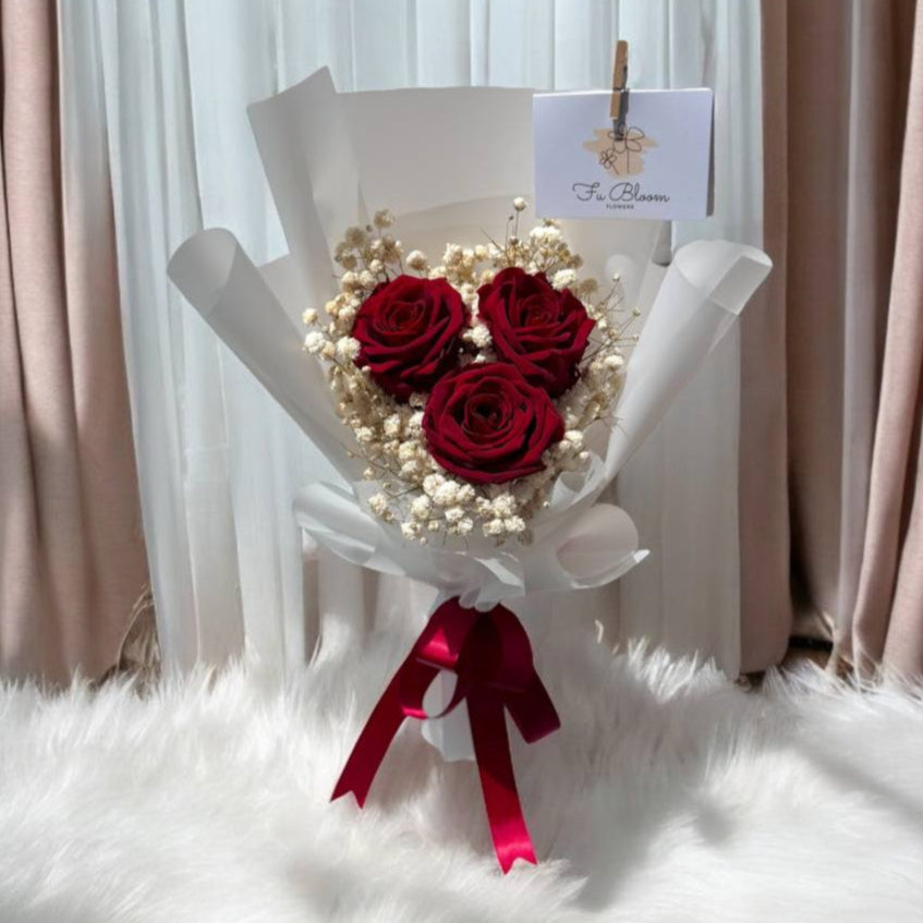 3 Preserved Red Roses & Baby's Breath Bouquet