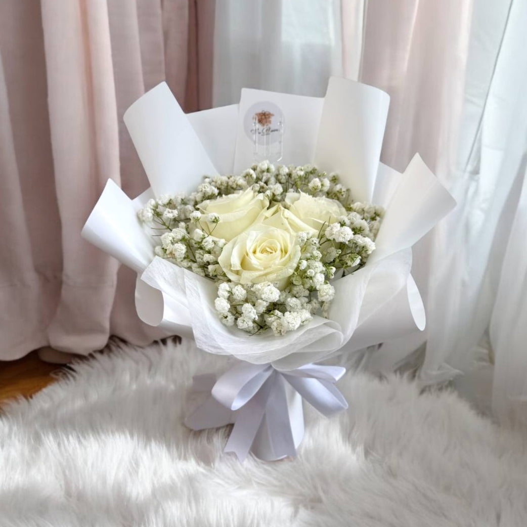 Fresh White Roses with Baby Breath Bouquet