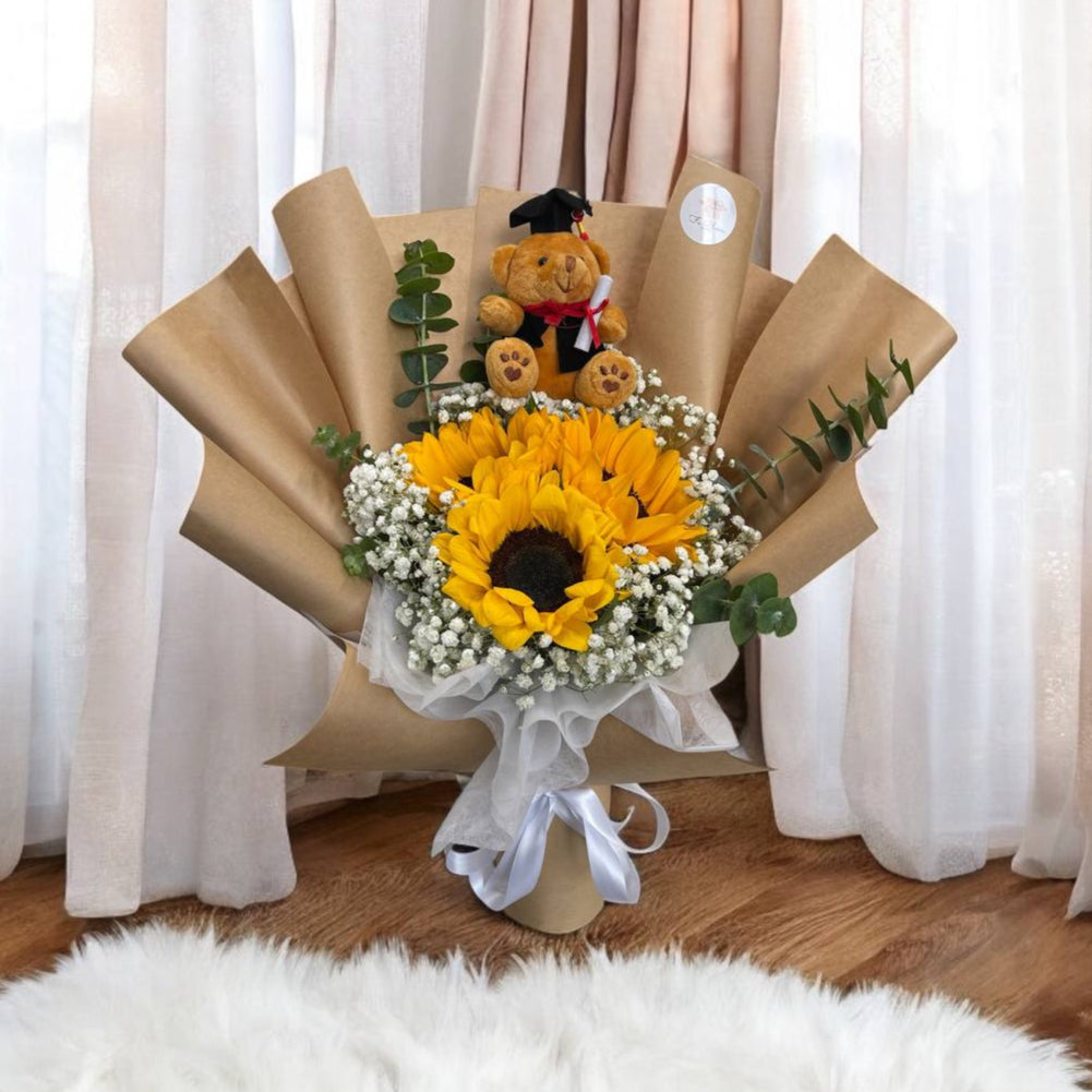 Sunflower and mixed flower graduation bouquet with teddy bear Singapore