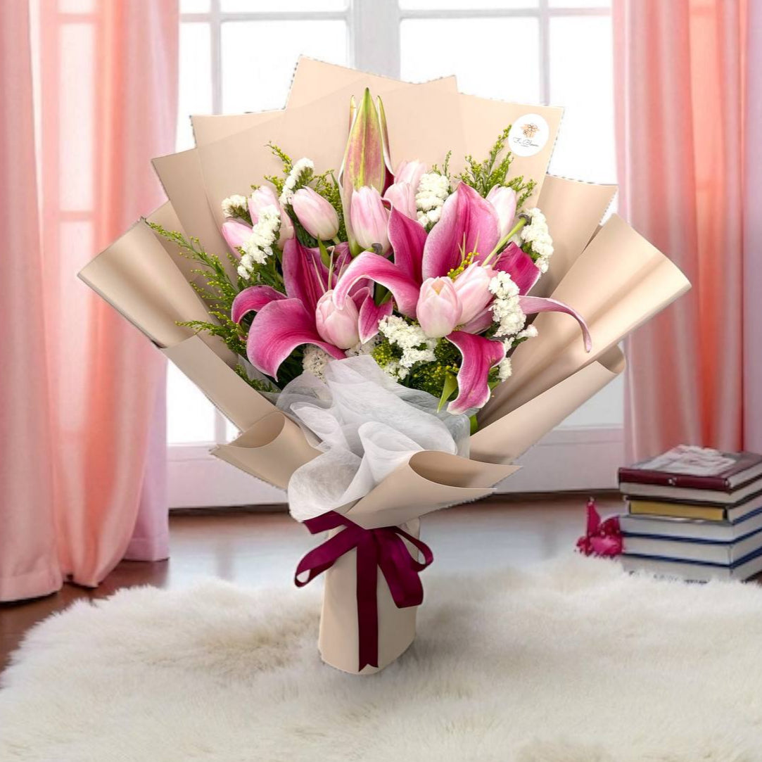 pink and white lilys Lily & Tulips Bouquet – Fu Bloom Flowers