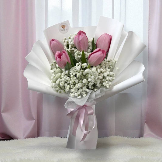 5 Pink Tulips & Baby's Breath