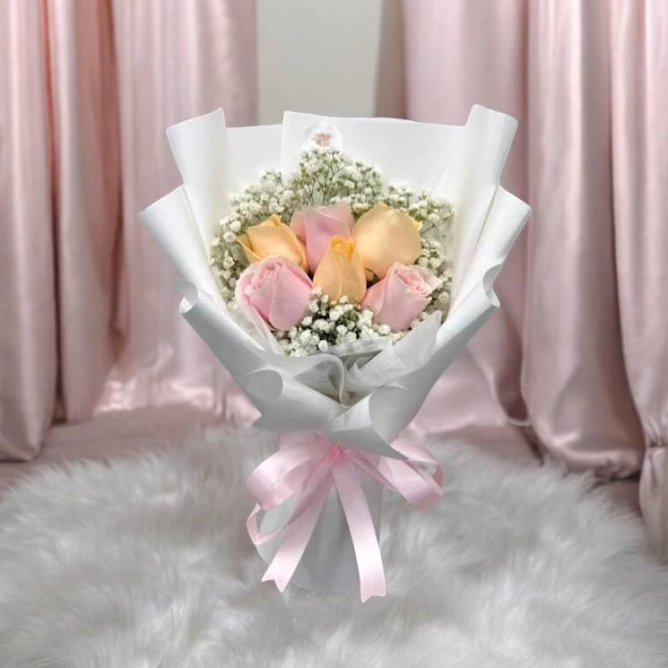 6 Fresh Mix Champagne & Pink Roses & Baby's Breath Bouquet