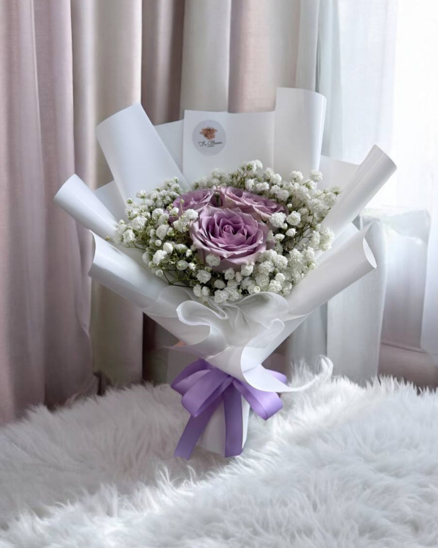 Fresh Purple Roses with Baby Breath Bouquet