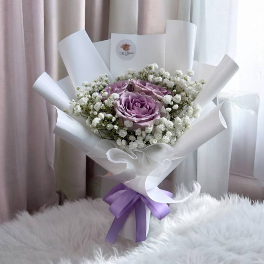 Fresh Purple Roses with Baby Breath Bouquet