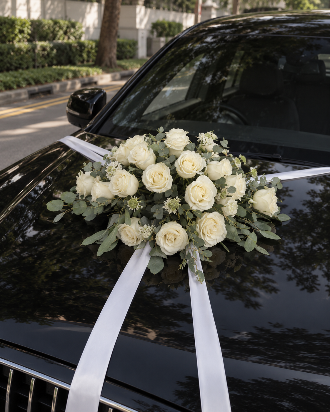 Ivory Themed Bridal Car Decor
