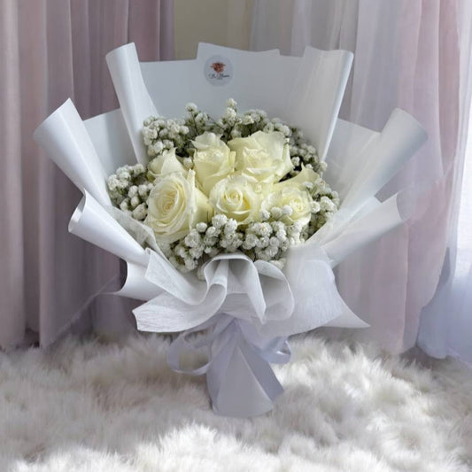 9 Fresh White Roses with Baby Breath Bouquet
