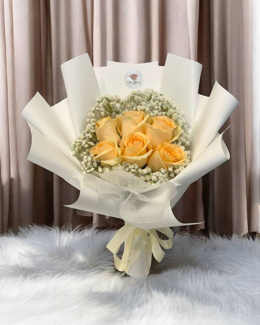 6 Fresh Champagne Roses & Baby's Breath Bouquet