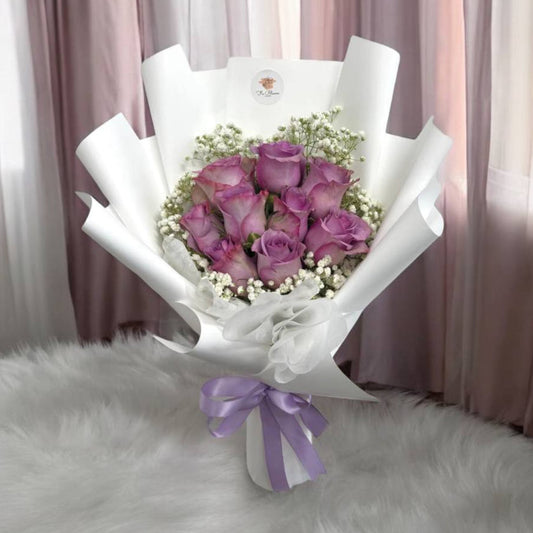 9 Fresh Purple Roses with Baby Breath Bouquet