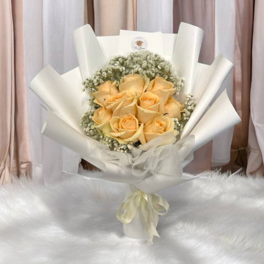 9 Fresh Champagne Roses with Baby Breath Bouquet