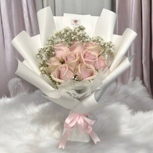 9 Fresh Pink Roses with Baby Breath Bouquet