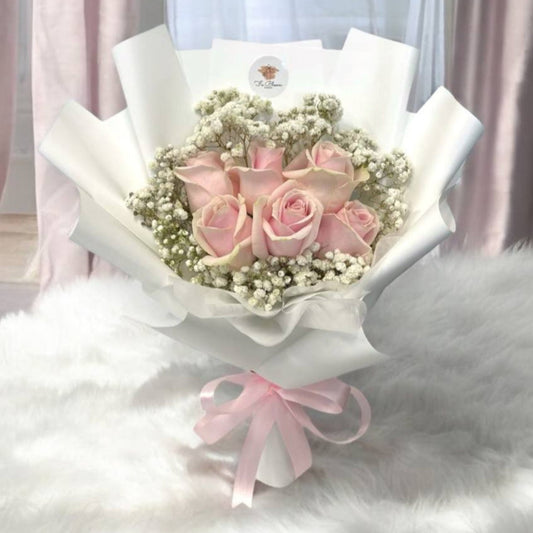 6 Fresh Pink Roses & Baby's Breath Bouquet