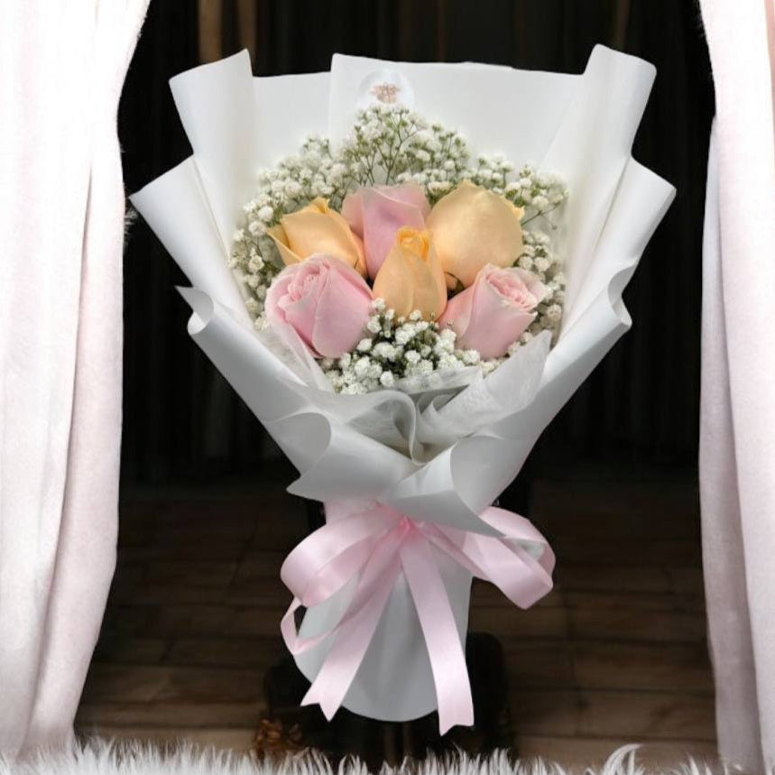 6 Fresh Mix Champagne & Pink Roses & Baby's Breath Bouquet
