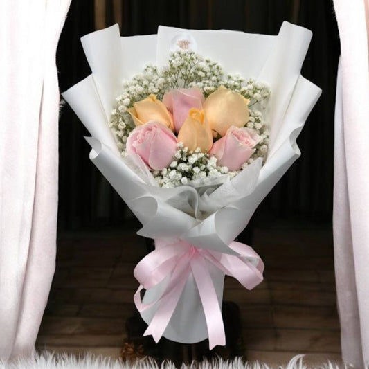 6 Fresh Mix Champagne & Pink Roses & Baby's Breath Bouquet