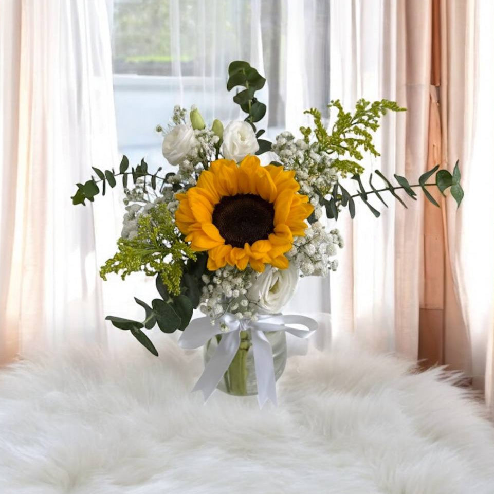 Sunflower and eustoma arrangement in glass vase Singapore