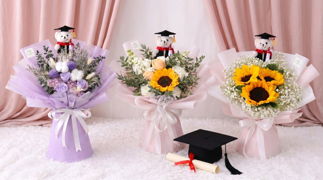 Three graduation bouquets Singapore — preserved lavender bouquet, sunflower and rose bouquet, and sunflower baby's breath bouquet with graduation bears from Fu Bloom Flowers, displayed with graduation cap and diploma on white fur rug 