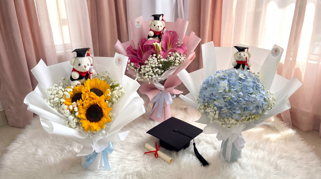 Three graduation bouquets Singapore — sunflower, pink lily, and blue hydrangea bouquets with graduation bears, same-day delivery