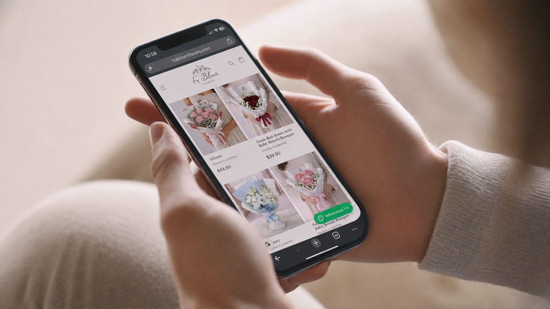 Browsing same-day flower delivery bouquets on the Fu Bloom Flowers online store from a mobile phone