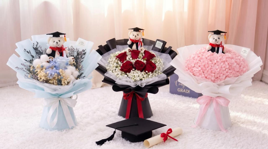 Three graduation bear bouquets from Fu Bloom Flowers — preserved flowers, red roses, and pink hydrangea styles.