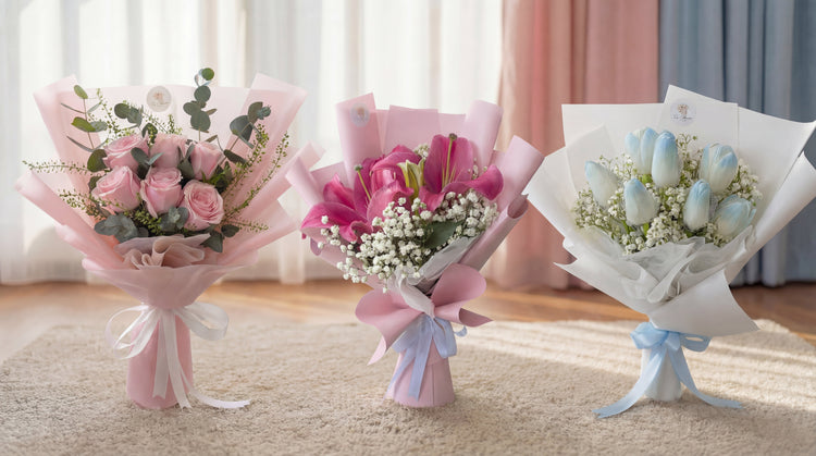 Three fresh flower bouquets with pink roses, pink lilies, and blue tulips arranged on carpet in Singapore