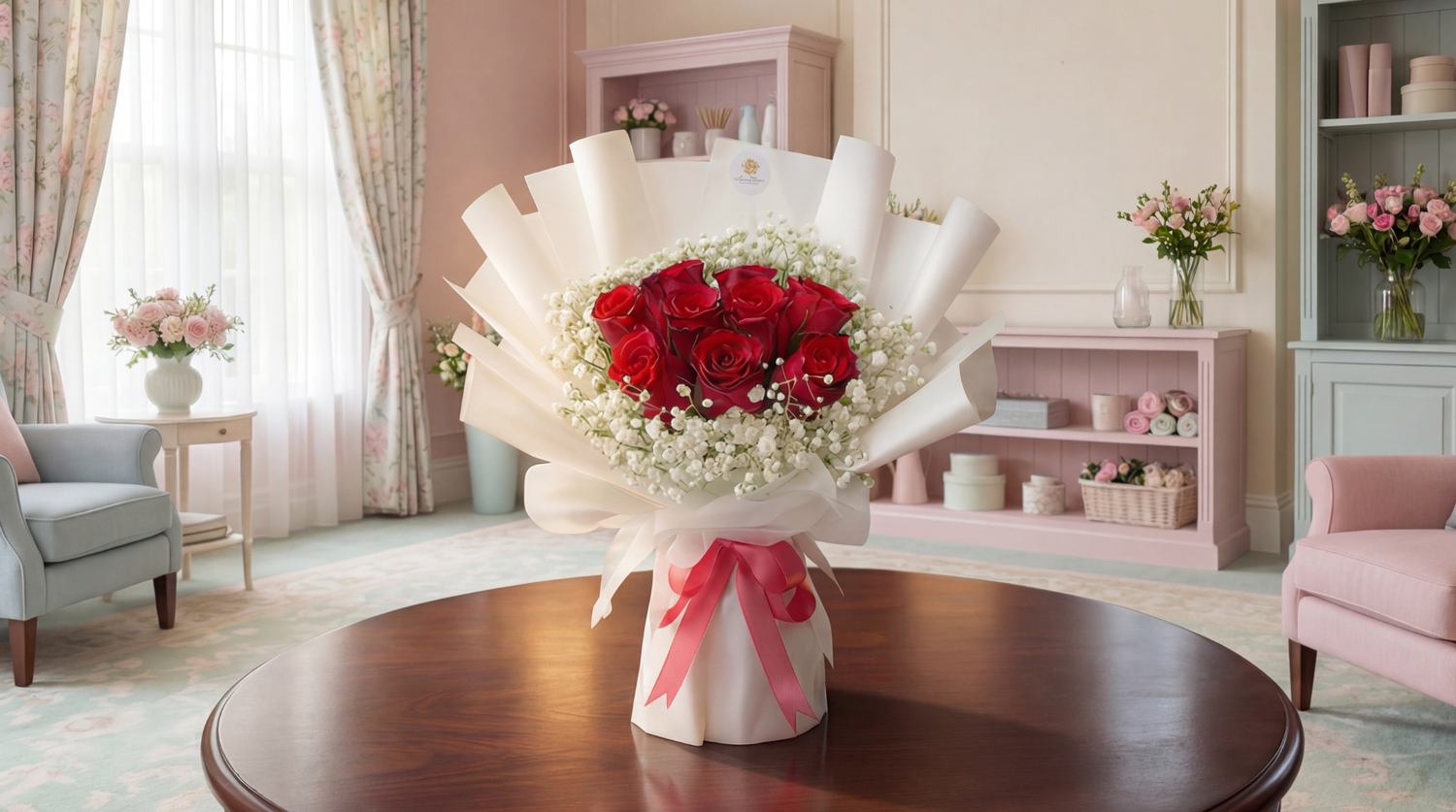 Nine red roses and baby’s breath flower bouquet on a wooden table, fresh flower Singapore