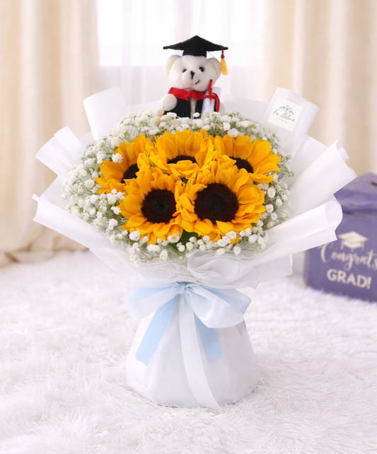 [GRAD] 5 Sunflower & Baby’s Breath Bouquet with Grad Bear