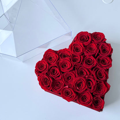 Pristine special arrangement of red roses in a box on a white background