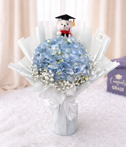 [GRAD] Light Blue Hydrangea & Baby Breath Bouquet with Grad Bear