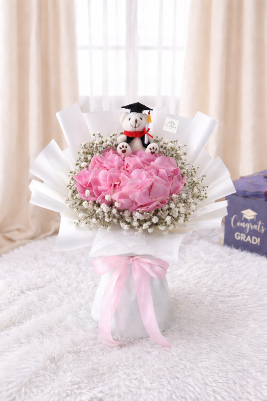 [GRAD] Pink Hydrangea & Baby Breath Bouquet with Grad Bear
