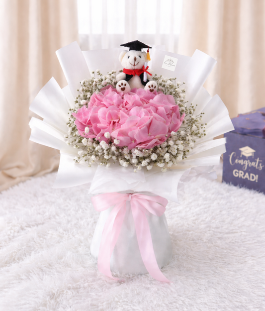 [GRAD] Pink Hydrangea & Baby Breath Bouquet with Grad Bear