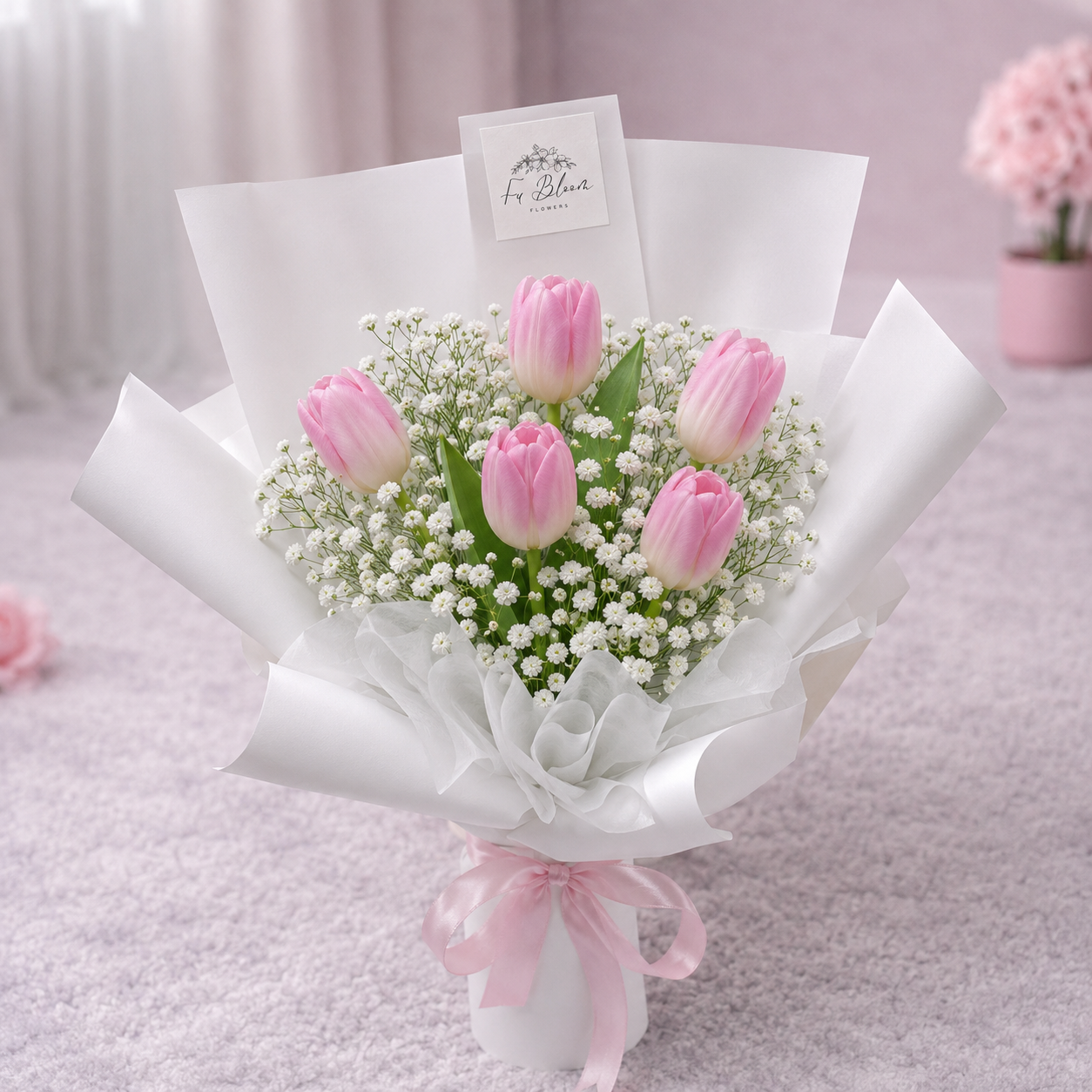 5 Pink Tulips & Baby's Breath