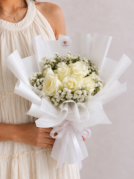 9 Fresh White Roses with Baby Breath Bouquet