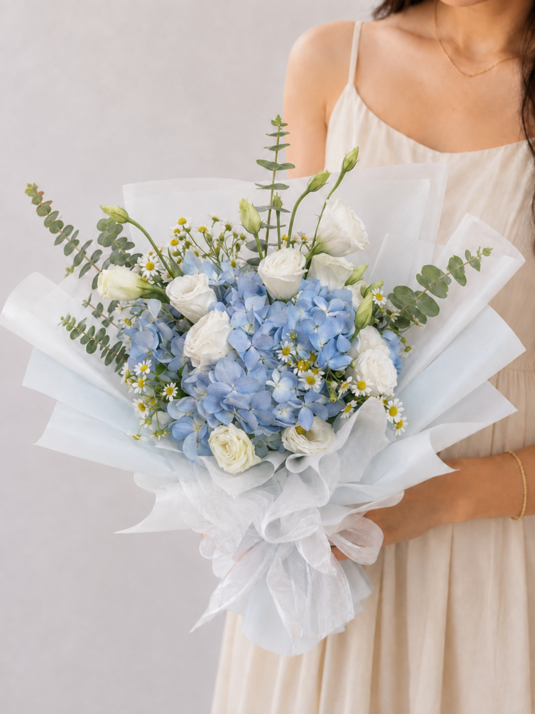 Blue Hydrangea Eustoma Daisy Bouquet