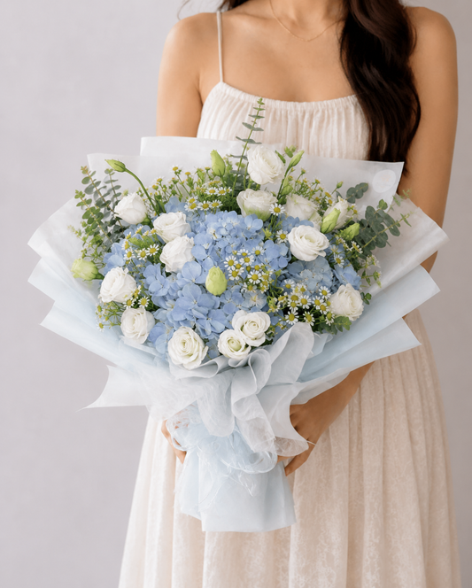Blue Hydrangea Eustoma Daisy Bouquet