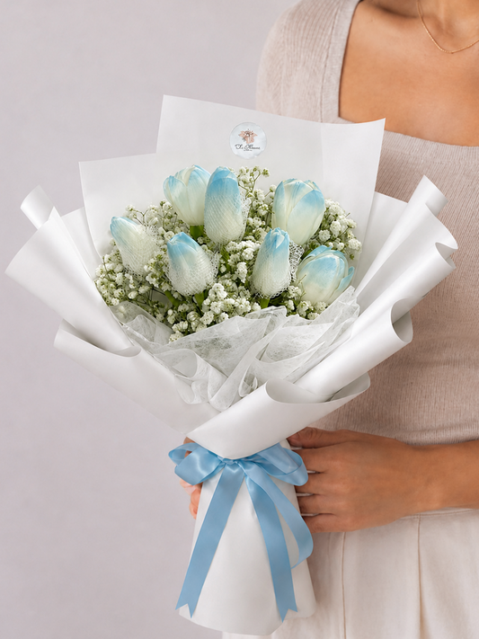 Blue Tulips & Baby's Breath
