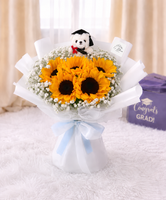 [GRAD] 5 Sunflower & Baby’s Breath Bouquet with Grad Bear