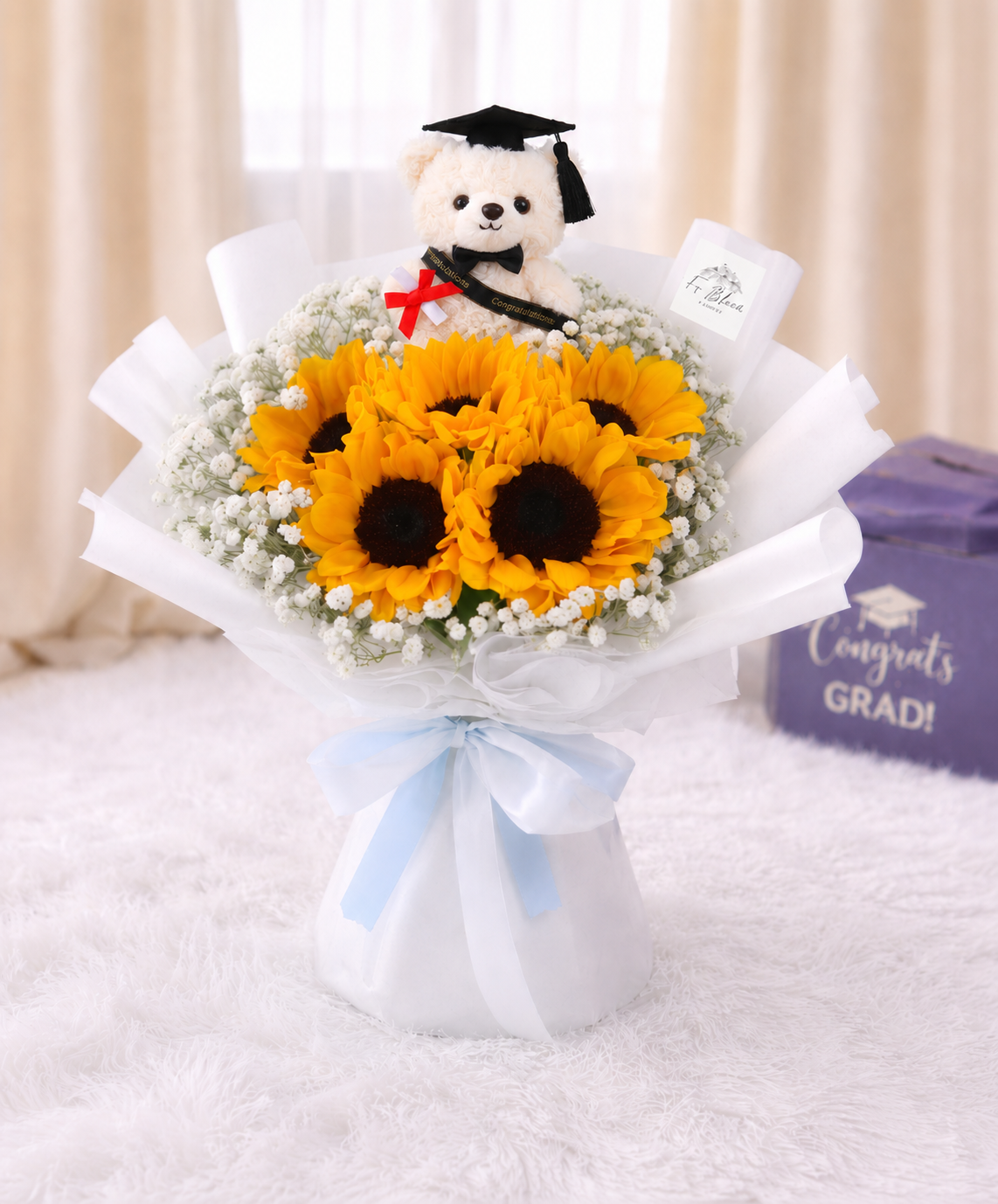 [GRAD] 5 Sunflower & Baby’s Breath Bouquet with Grad Bear