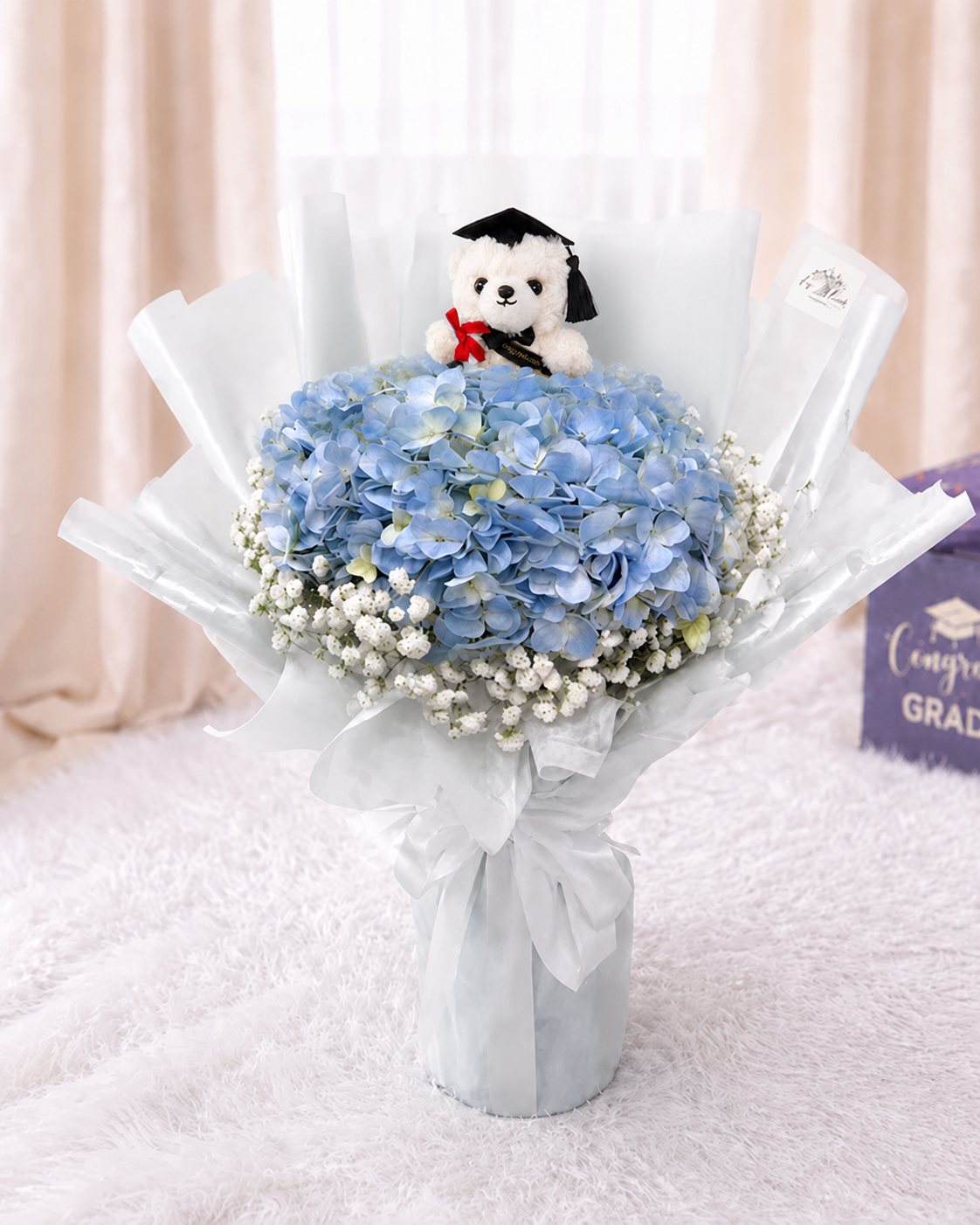 [GRAD] Light Blue Hydrangea & Baby Breath Bouquet with Grad Bear