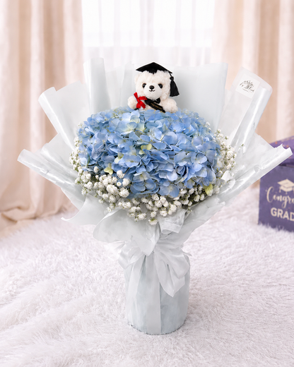 [GRAD] Light Blue Hydrangea & Baby Breath Bouquet with Grad Bear