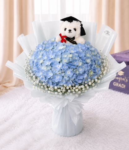 [GRAD] Light Blue Hydrangea & Baby Breath Bouquet with Grad Bear